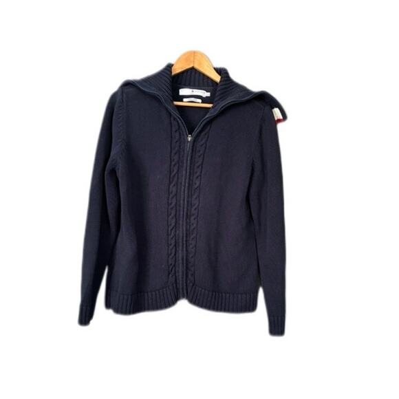 Y2K Tommy Hilfiger Navy Cable Knit Zip Cotton Sweater Preppy Academia Size L - Picture 5 of 15